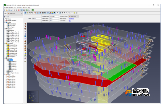 Pathfinder人员疏散能力模拟分析软件模型，其中避难层由电梯撤